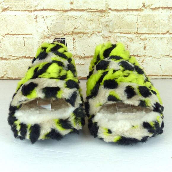 UGG Fluff Yeah Animalia Slippers Women 8 Neon Green Black Leopard Sandals Grunge - Picture 6 of 15